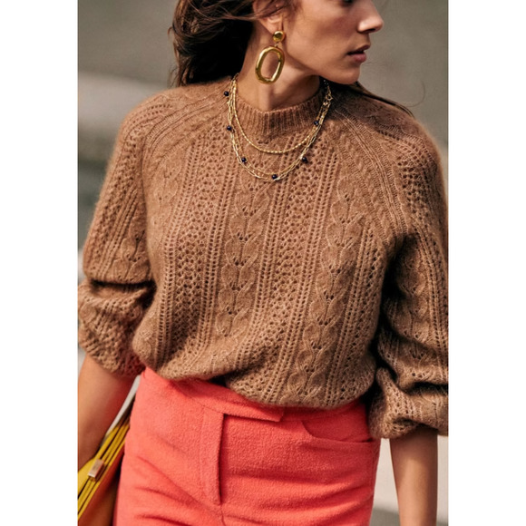 Sezane Sweaters - Sezane Camel Brown Scarlett Mohair Balloon Sleeve Cable Knit Jumper Sweater XL